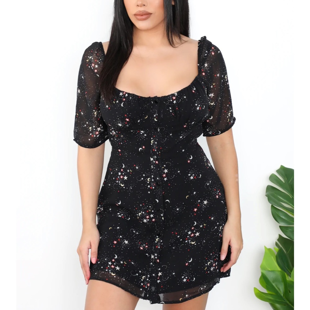 Wild Honey Star Galaxy Print Ruched Bust Button Front Short Sleeve Mini Dress